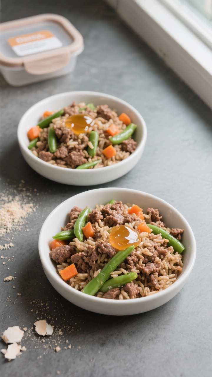 Overhead shot of the finished Beef, Brown Rice & Green Beans dog meal portioned into two shallow whi