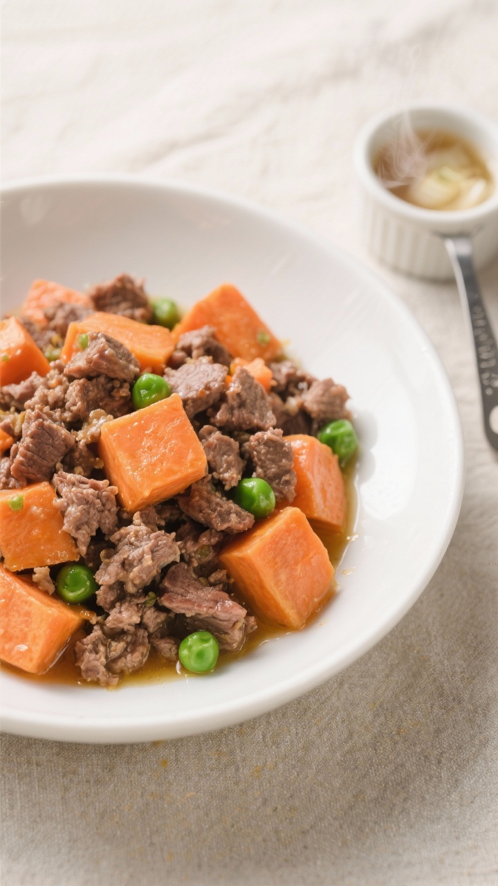 Overhead shot of the finished Beef, Carrots & Sweet Potato dog meal in a wide, shallow white bowl: l