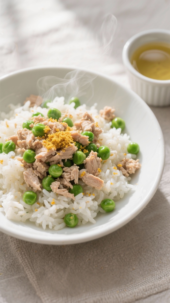 Overhead shot of the finished Ground Chicken & Peas Dog Meal in a shallow white bowl: fluffy white r