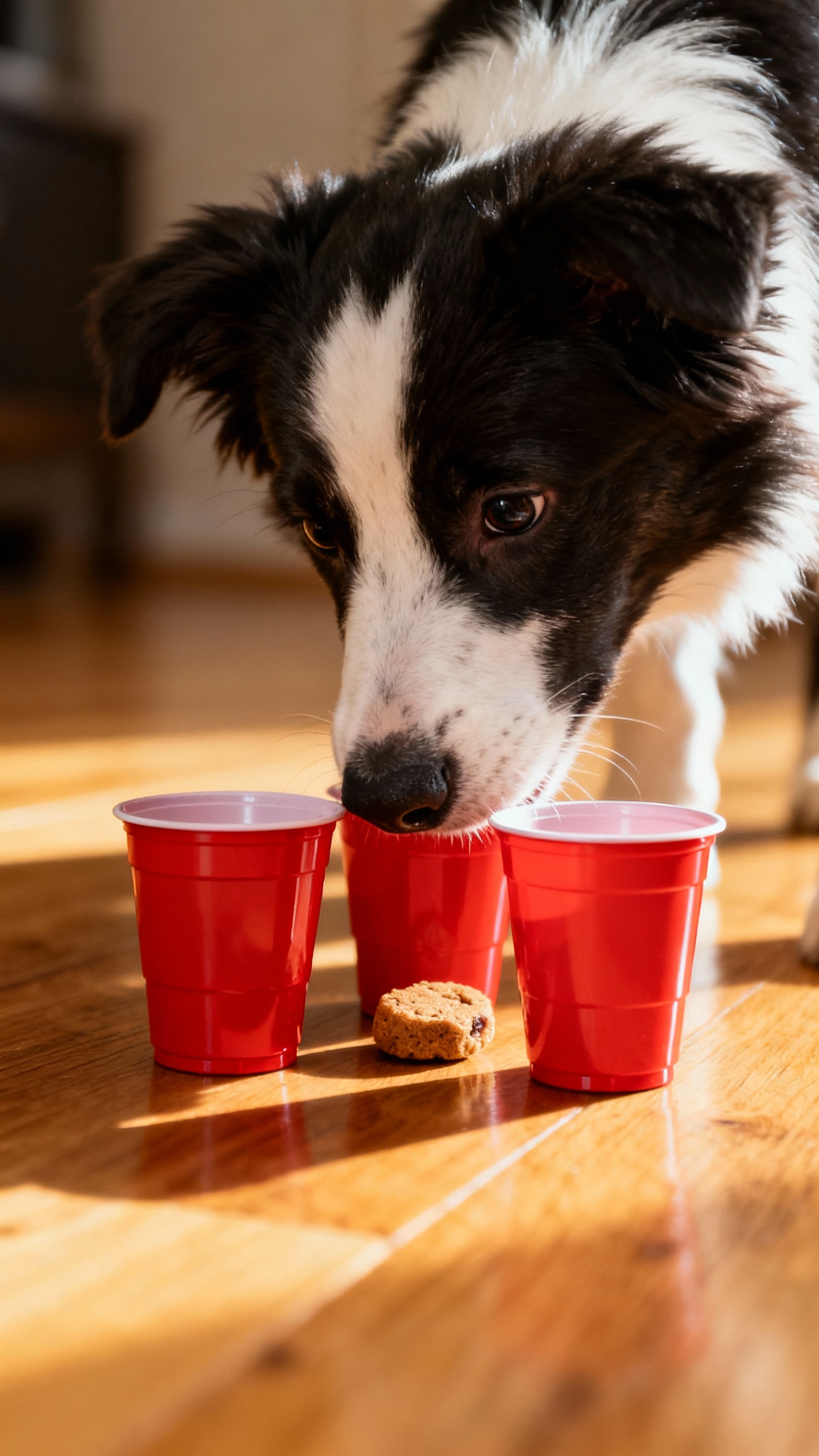 Border Collie puppy sniffing three red plastic cups, hardwood floor, low angle closeup, focused gaze