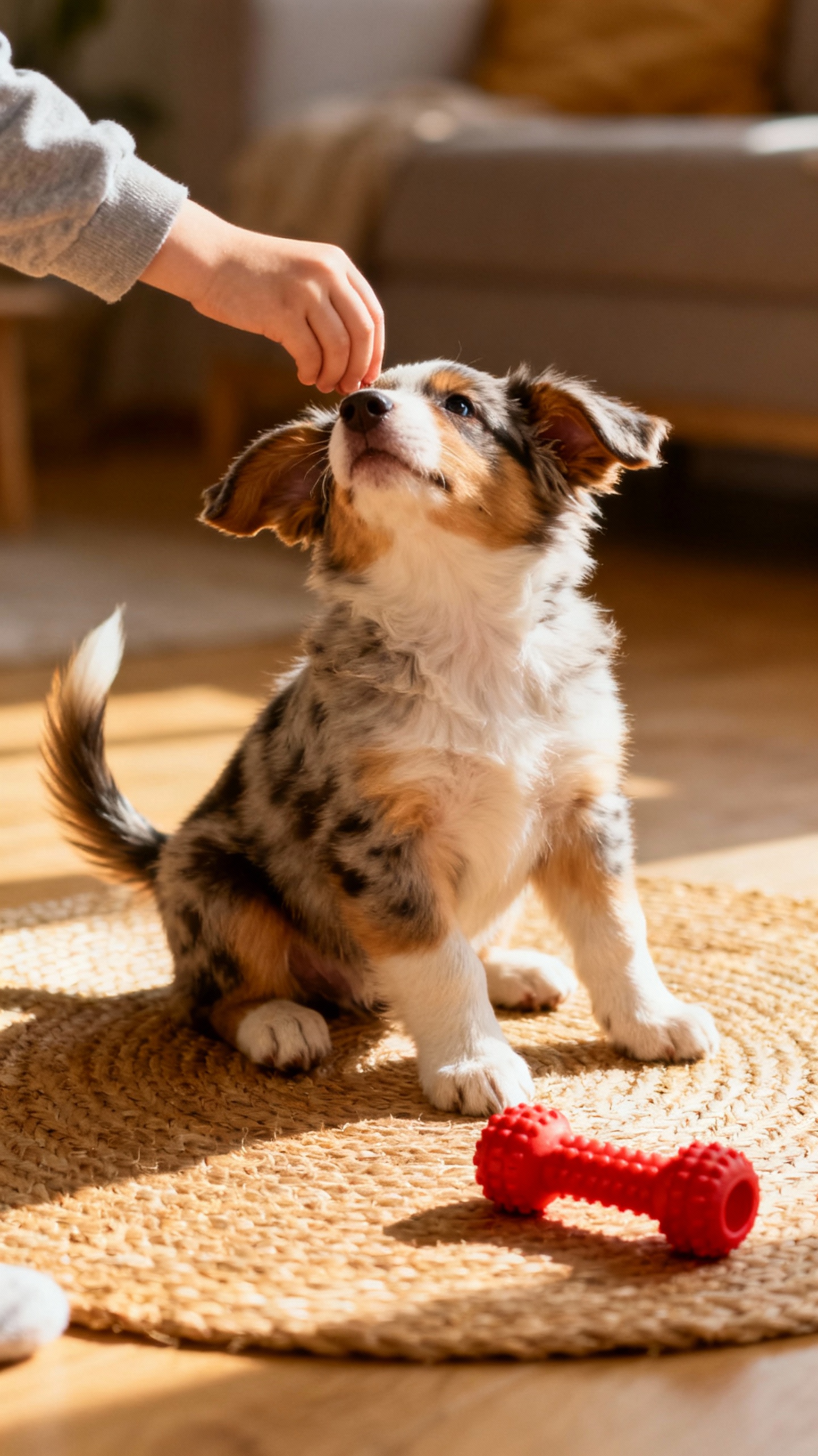 Child’s hand luring Aussie puppy onto mat, chew toy nearby
