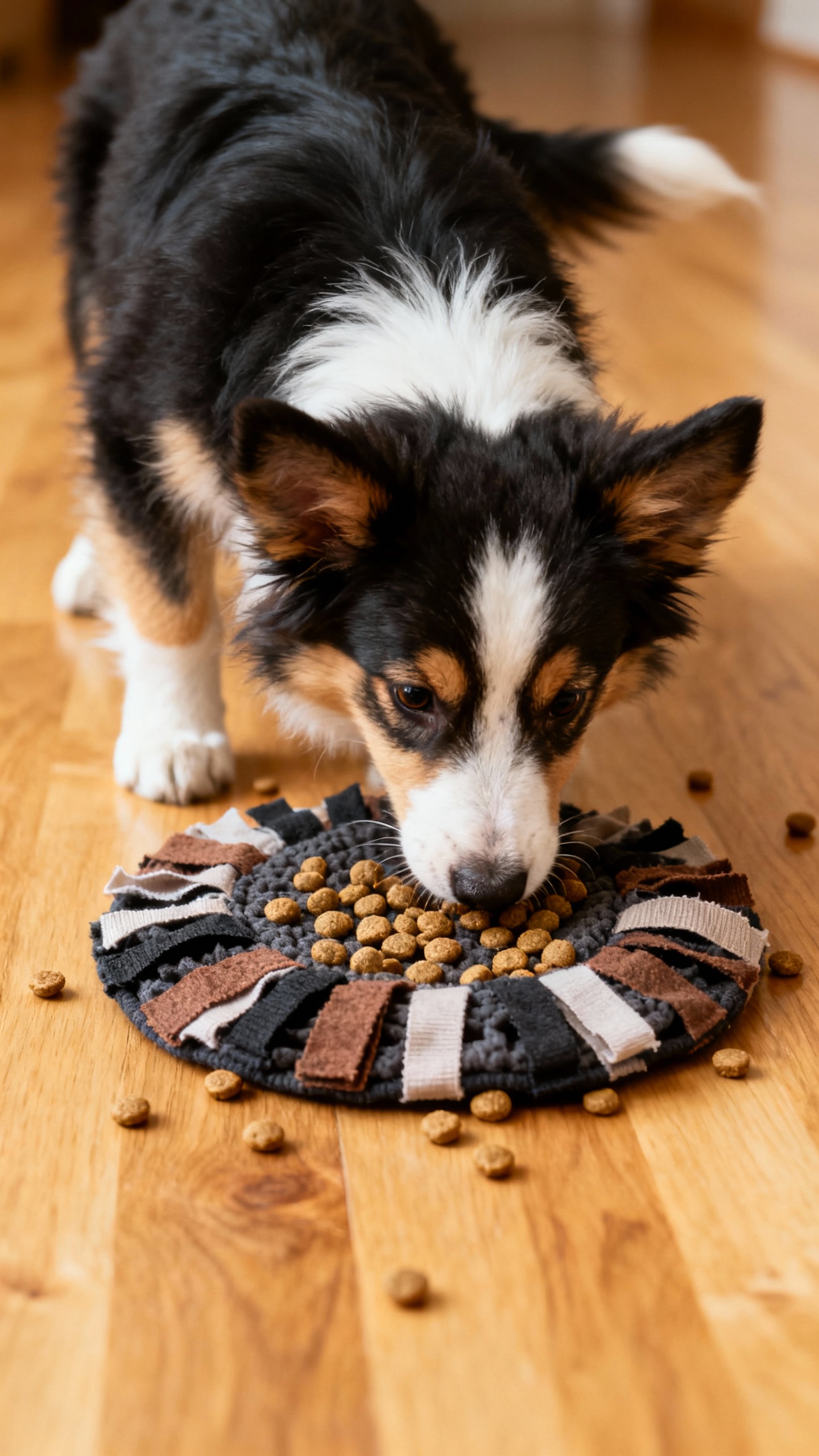 Closeup Australian Shepherd puppy using snuffle mat, kibble, hardwood floor
