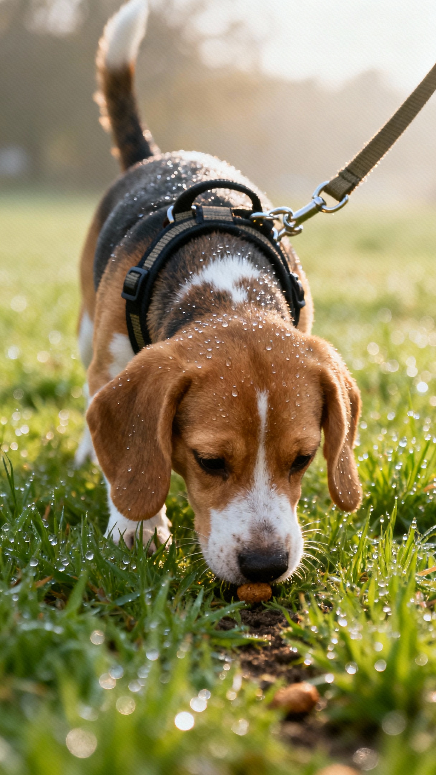 Closeup beagle puppy sniffing treat trail on grass, front-clip harness, long line, morning dew