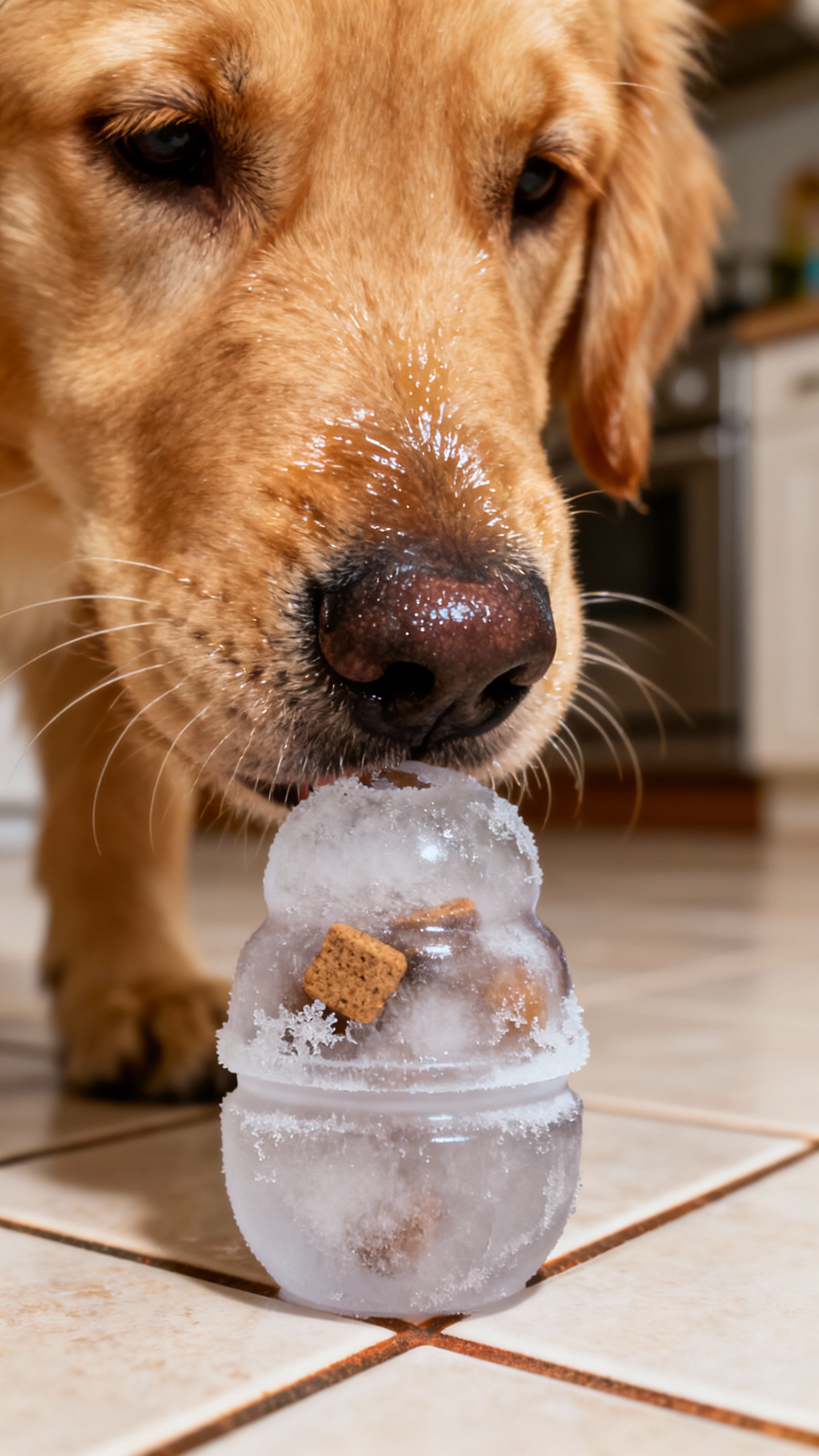 Closeup golden retriever puppy nose touching treat-filled frozen Kong on kitchen tile