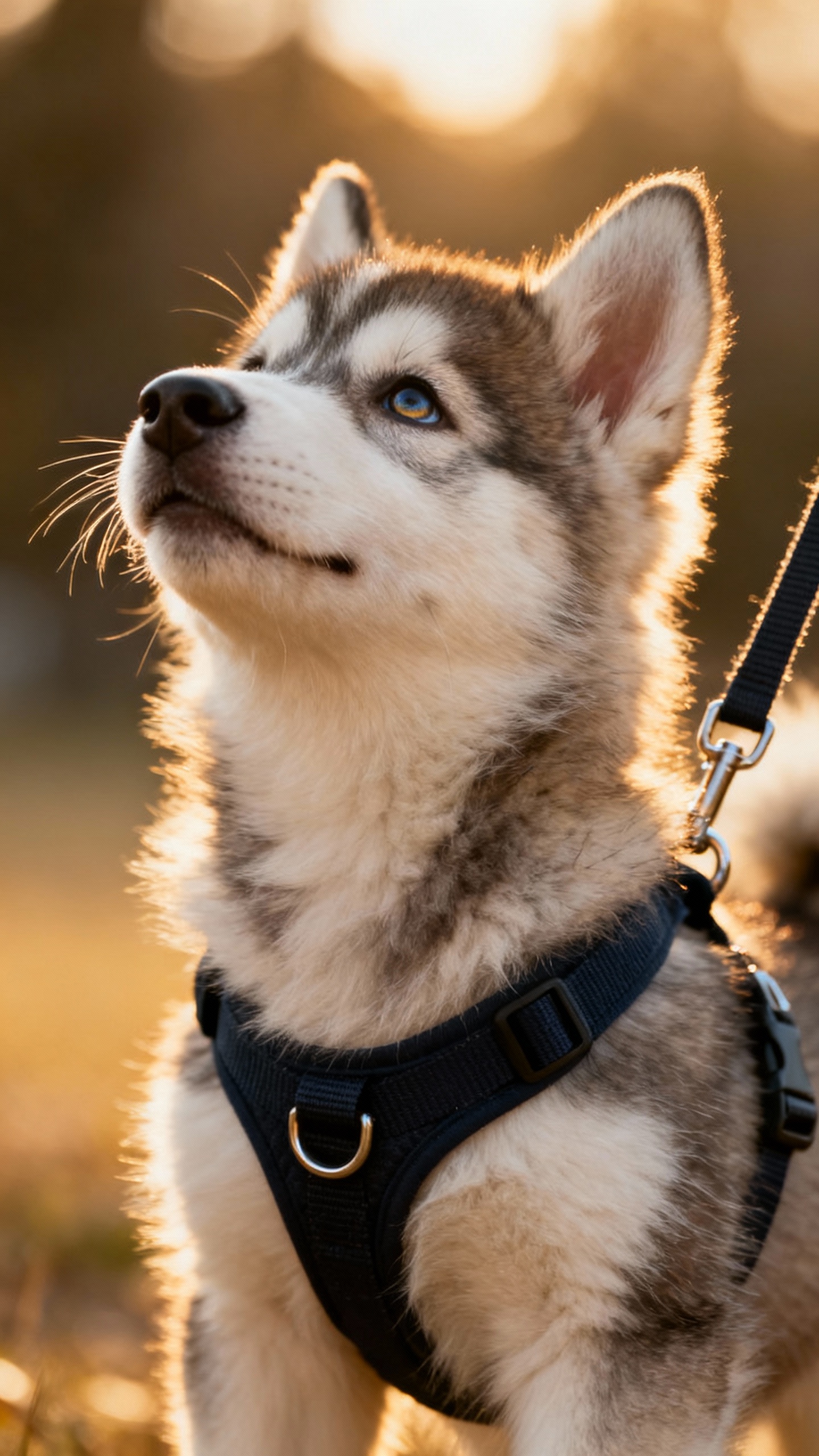 Closeup husky puppy wearing front-clip harness on long line