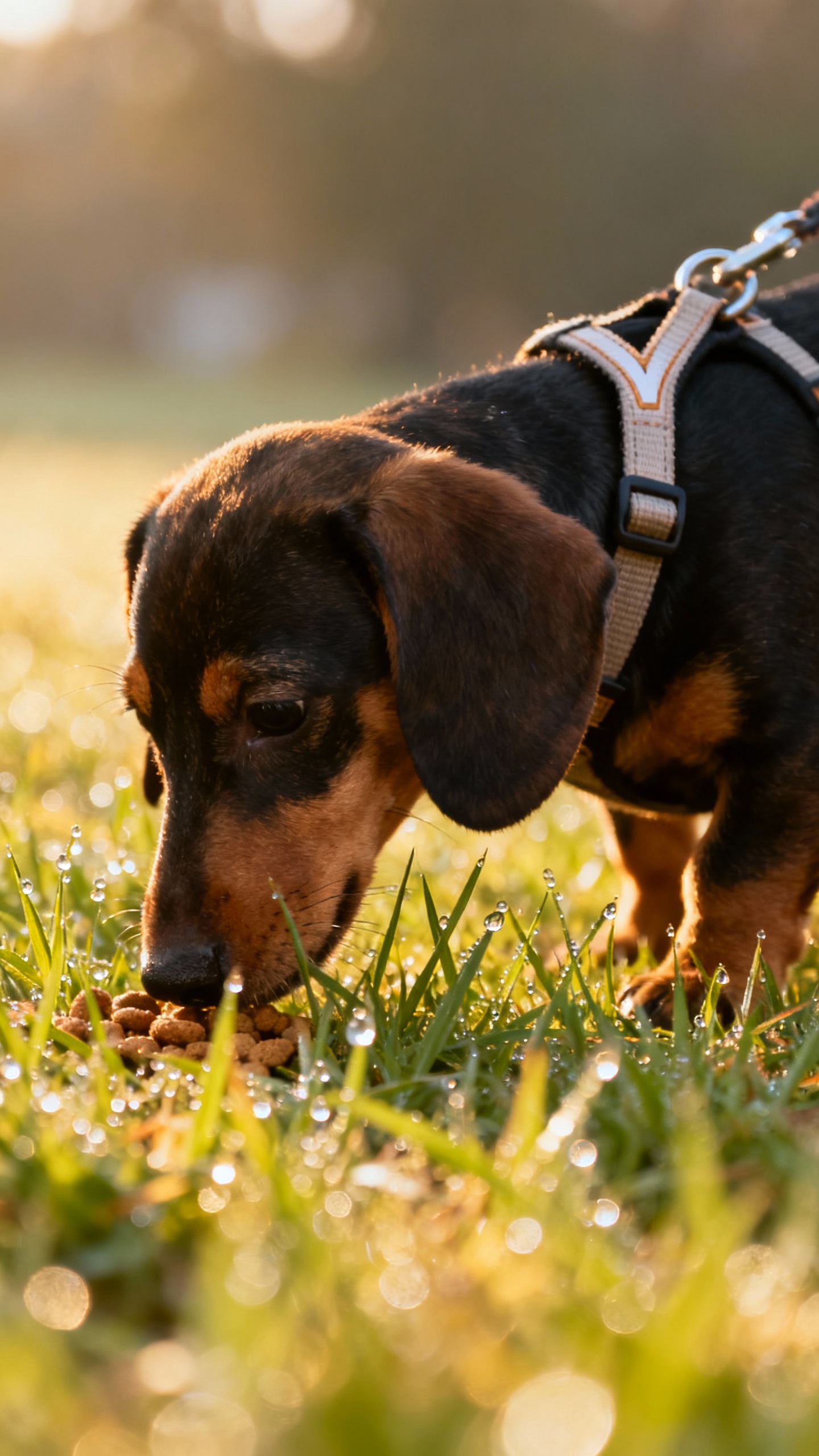 Closeup of dachshund puppy sniffing grass for kibble, tiny Y-harness, dew-covered blades, morning li