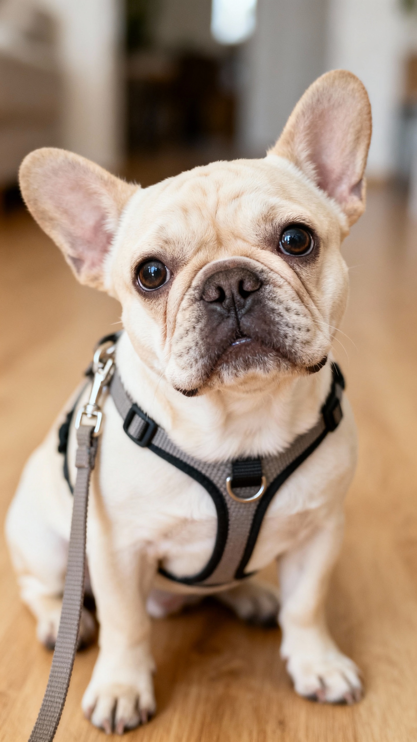 Closeup of French Bulldog puppy in front-clip harness, loose leash indoors