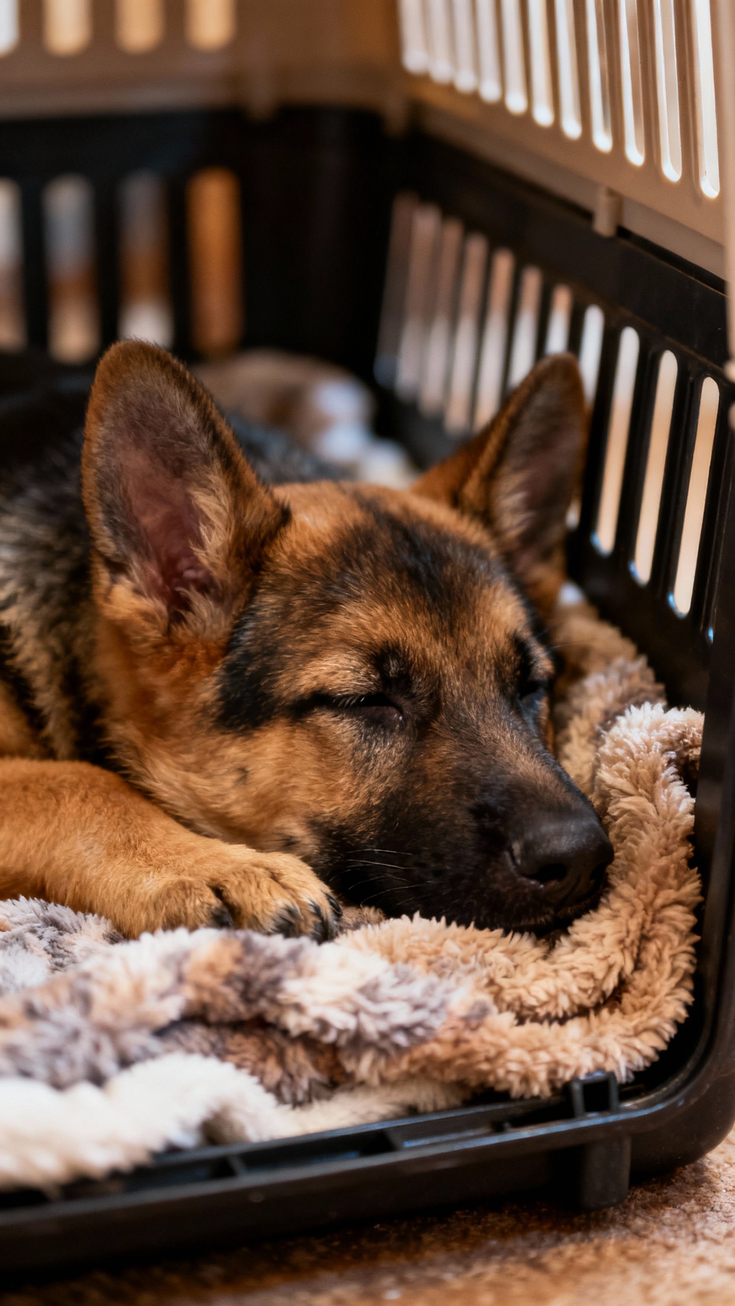 Closeup of German Shepherd puppy in crate, cozy blanket, soft lighting