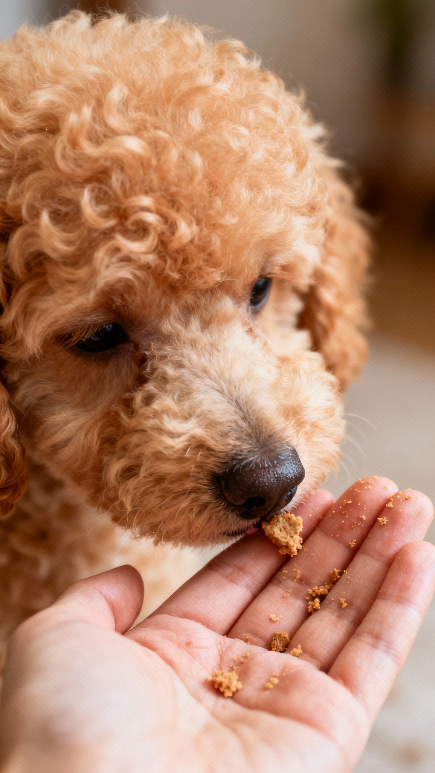 Closeup of poodle puppy nose booping human palm, indoor light, soft curly apricot fur, human hand wi