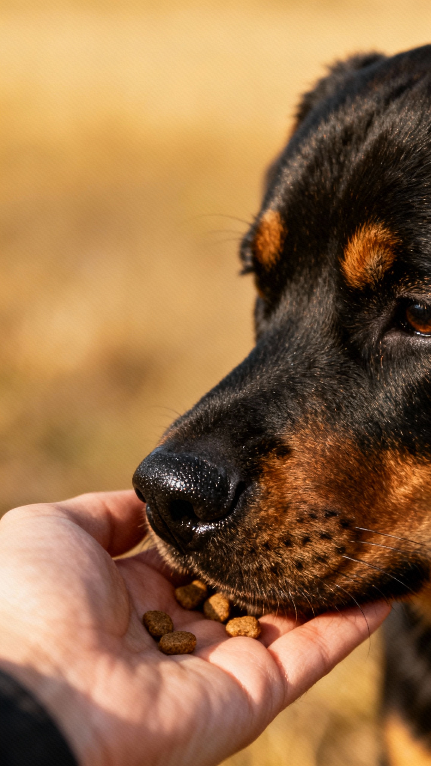 Closeup of Rottweiler puppy nose touching hand with treats
