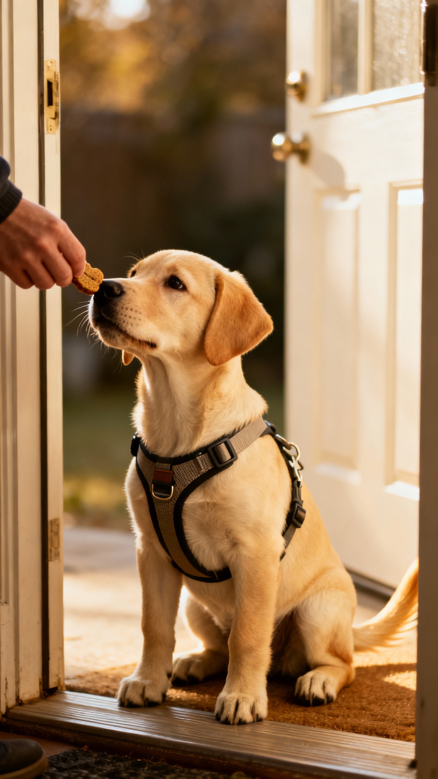 Closeup of yellow Lab puppy offering “sit” at doorway, front-clip harness, treat by handler’s
