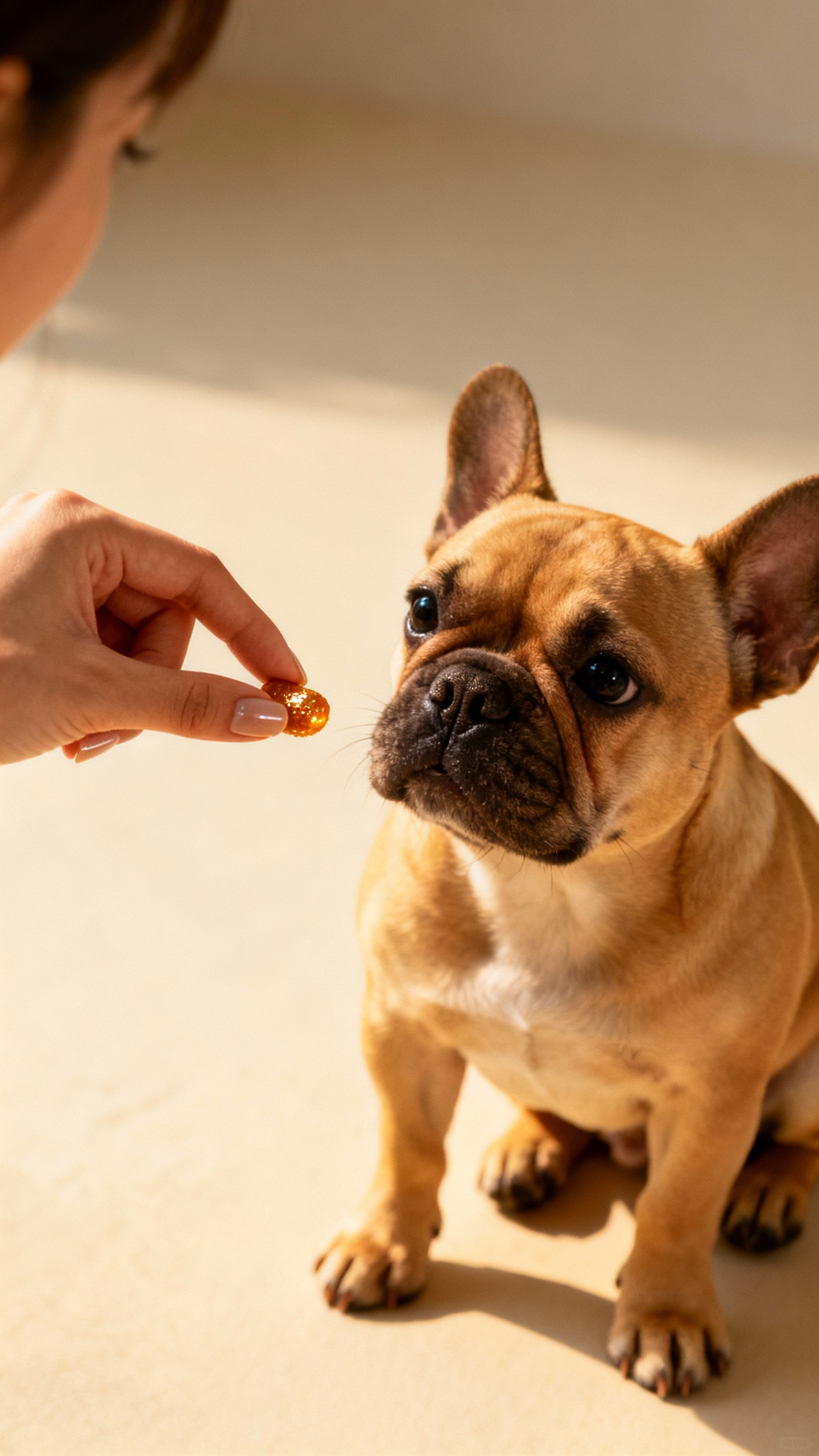 Female hand offering pea-sized chicken treat to sitting French Bulldog puppy