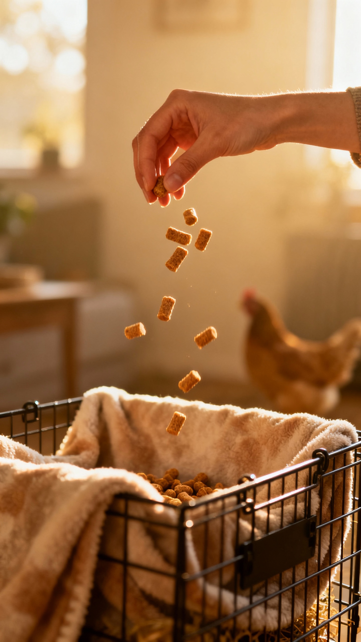 Female hand tossing chicken treats into wire crate with blanket