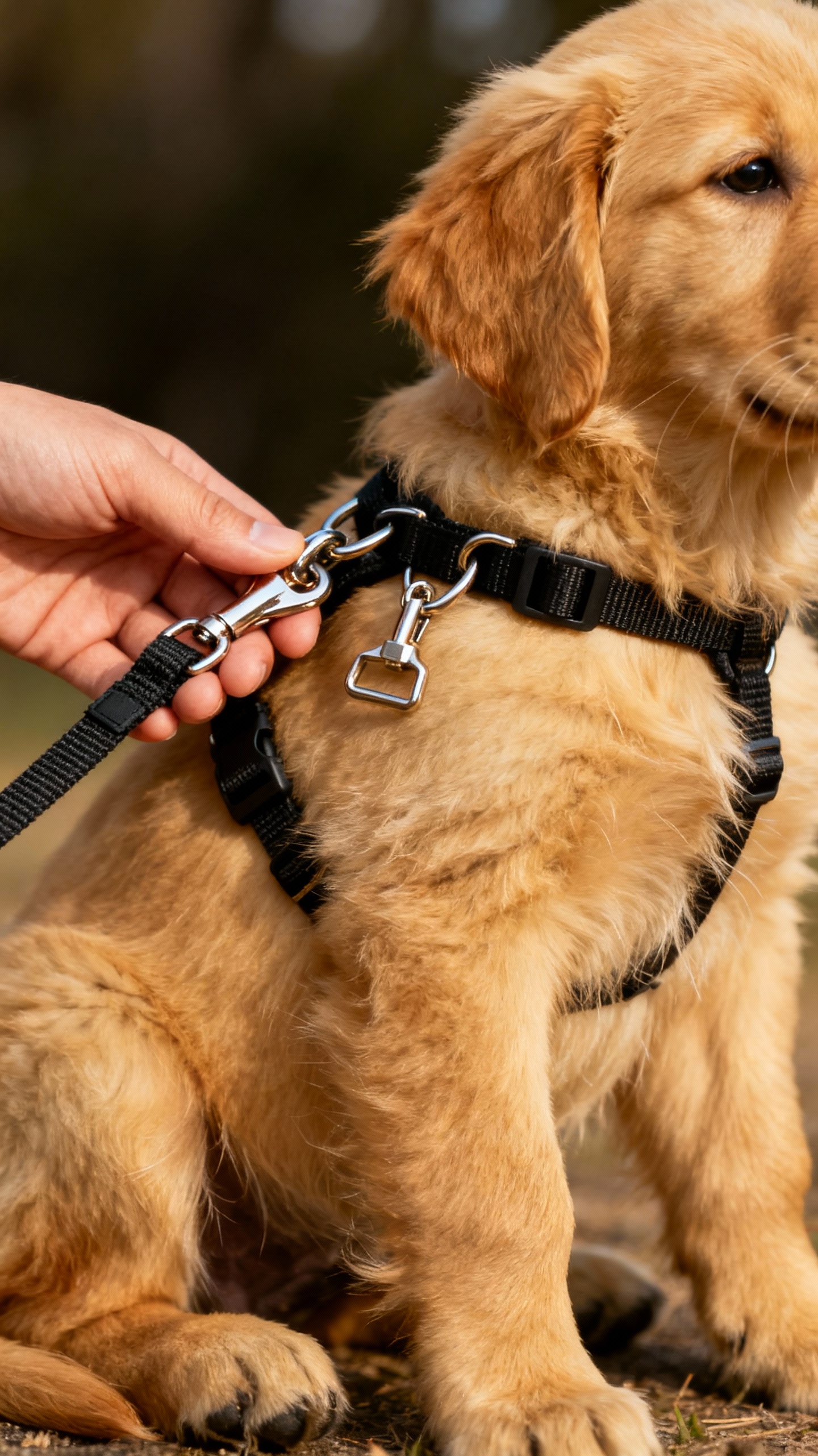 Hand holding front-clip harness beside leash, golden puppy sitting, focus on clips and fur texture