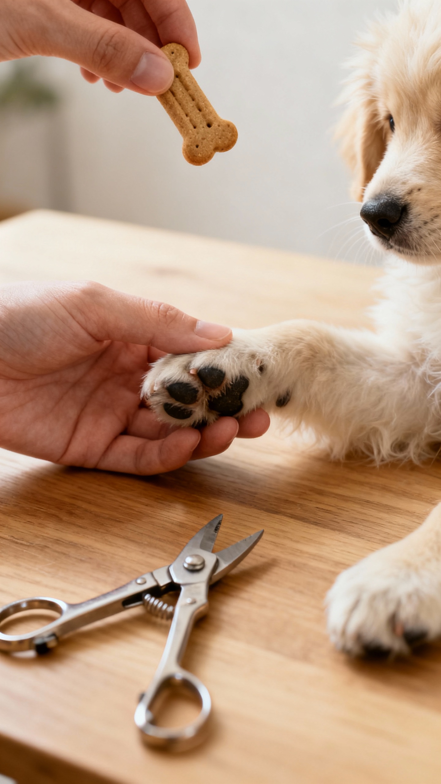 Hand touching puppy’s paw, nail clippers nearby, treat poised