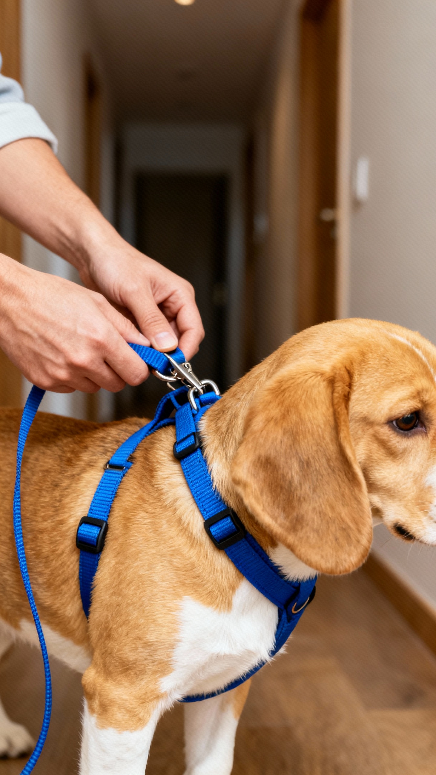 Hands clipping blue front-clip harness on beagle puppy, indoor hallway, leash slack visible, texture