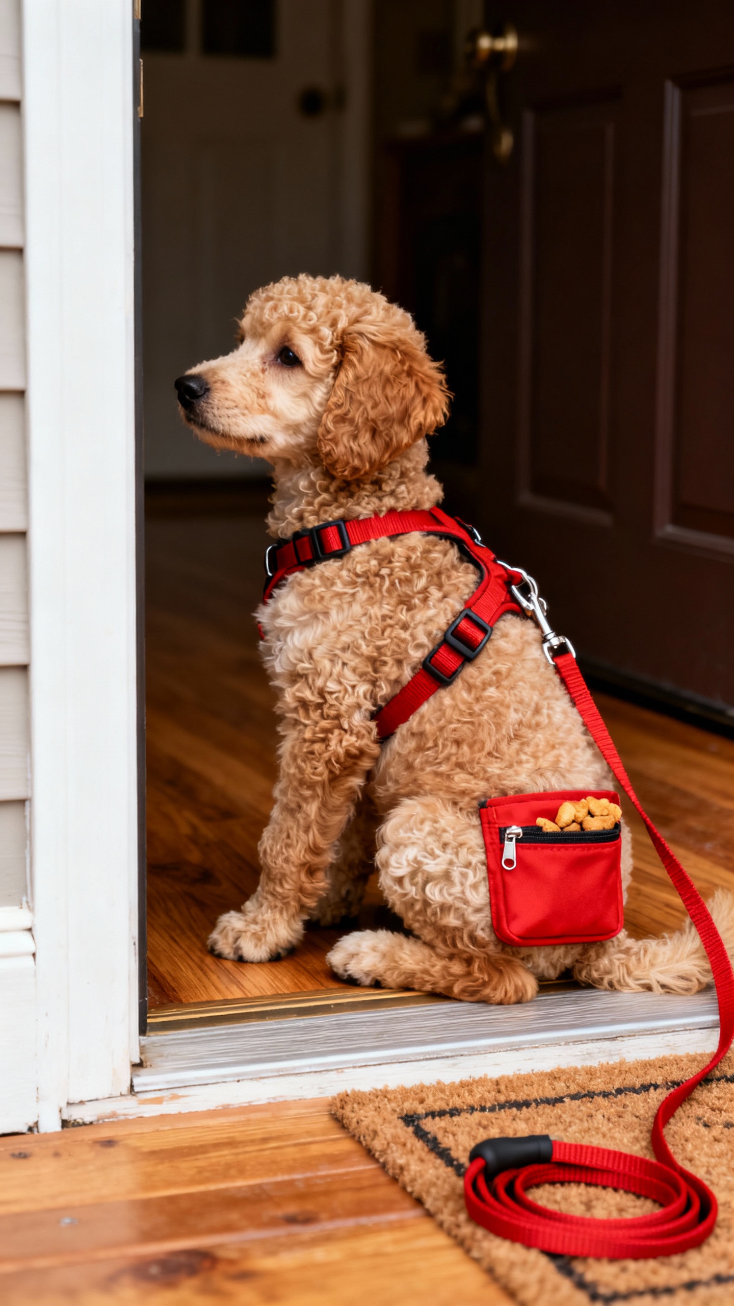 Poodle puppy sitting at front door threshold, red harness, 4–6 ft leash slack, treat pouch visible