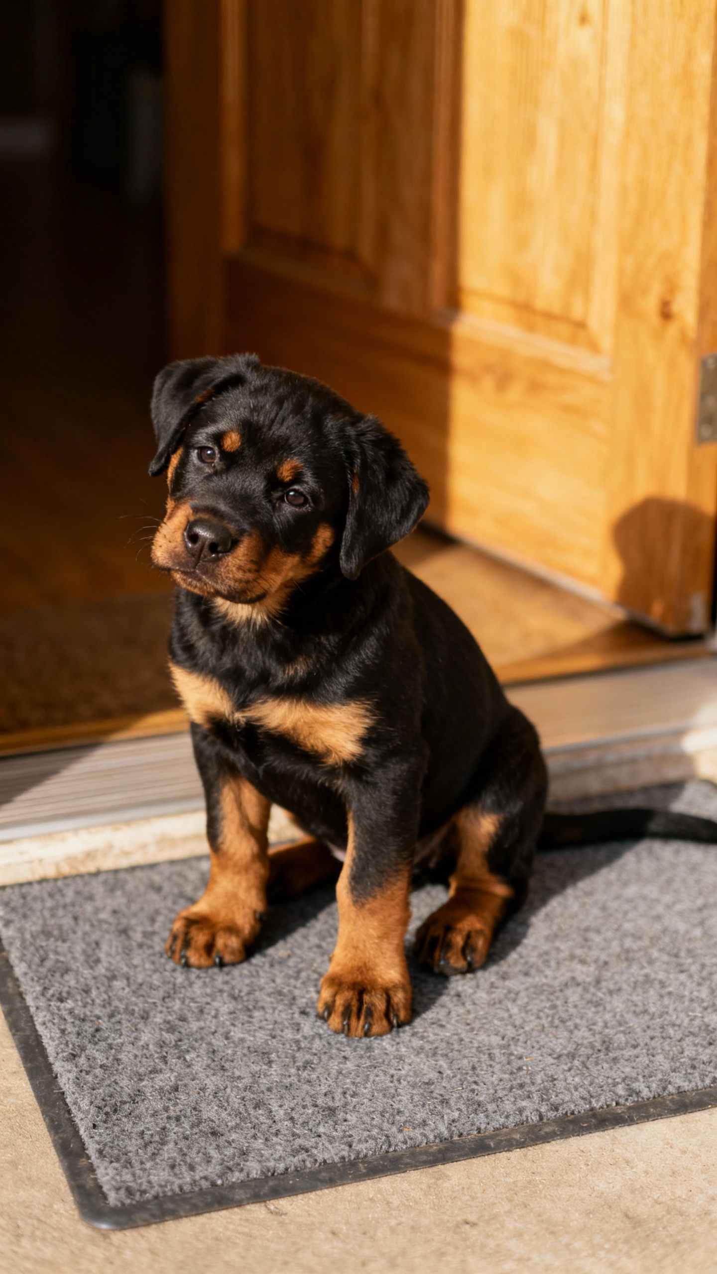 Rottweiler puppy on gray mat holding sit at doorway