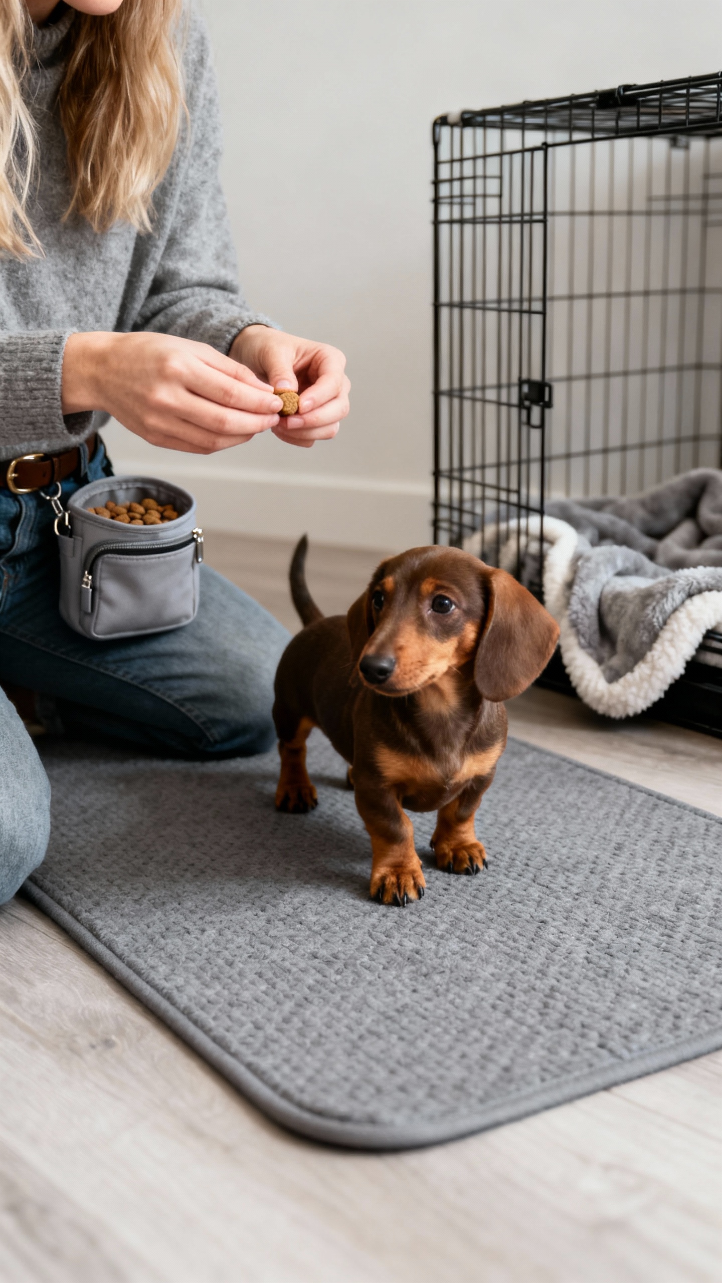 Woman’s hands luring dachshund puppy onto gray mat, treat pouch visible, cozy crate nearby, soft i