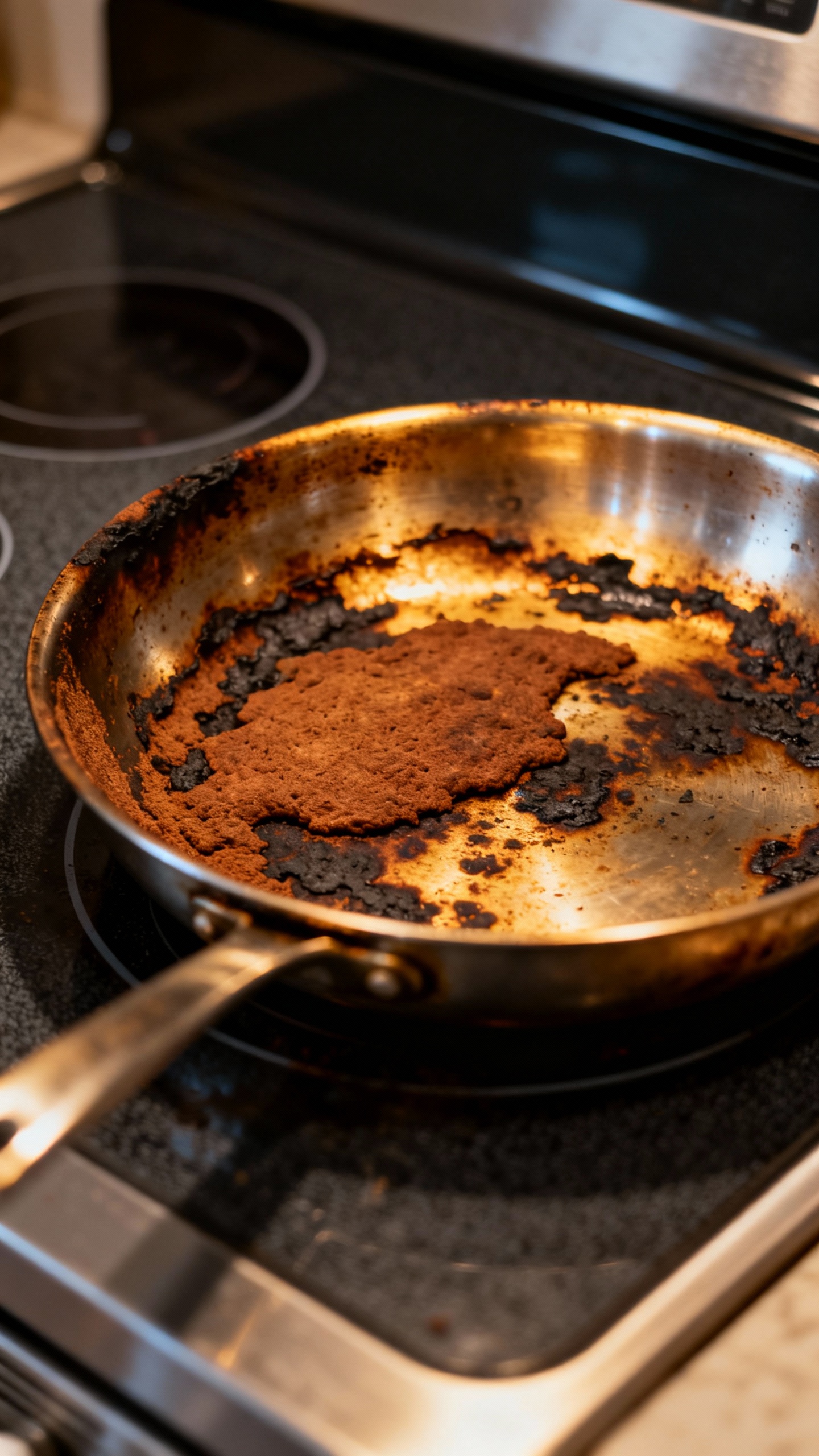 burnt stainless steel pan with brown crust on stovetop