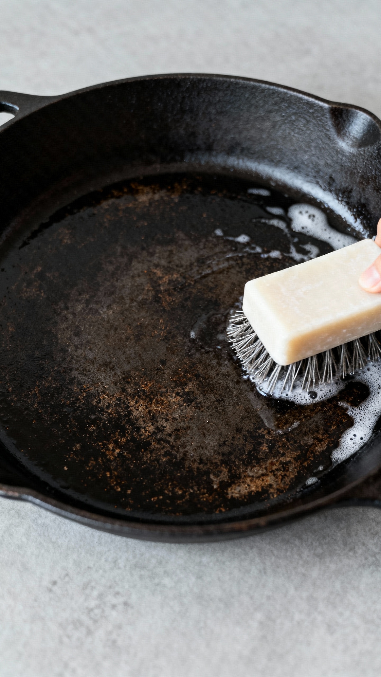 cast iron skillet being scrubbed, minimal soap, close-up