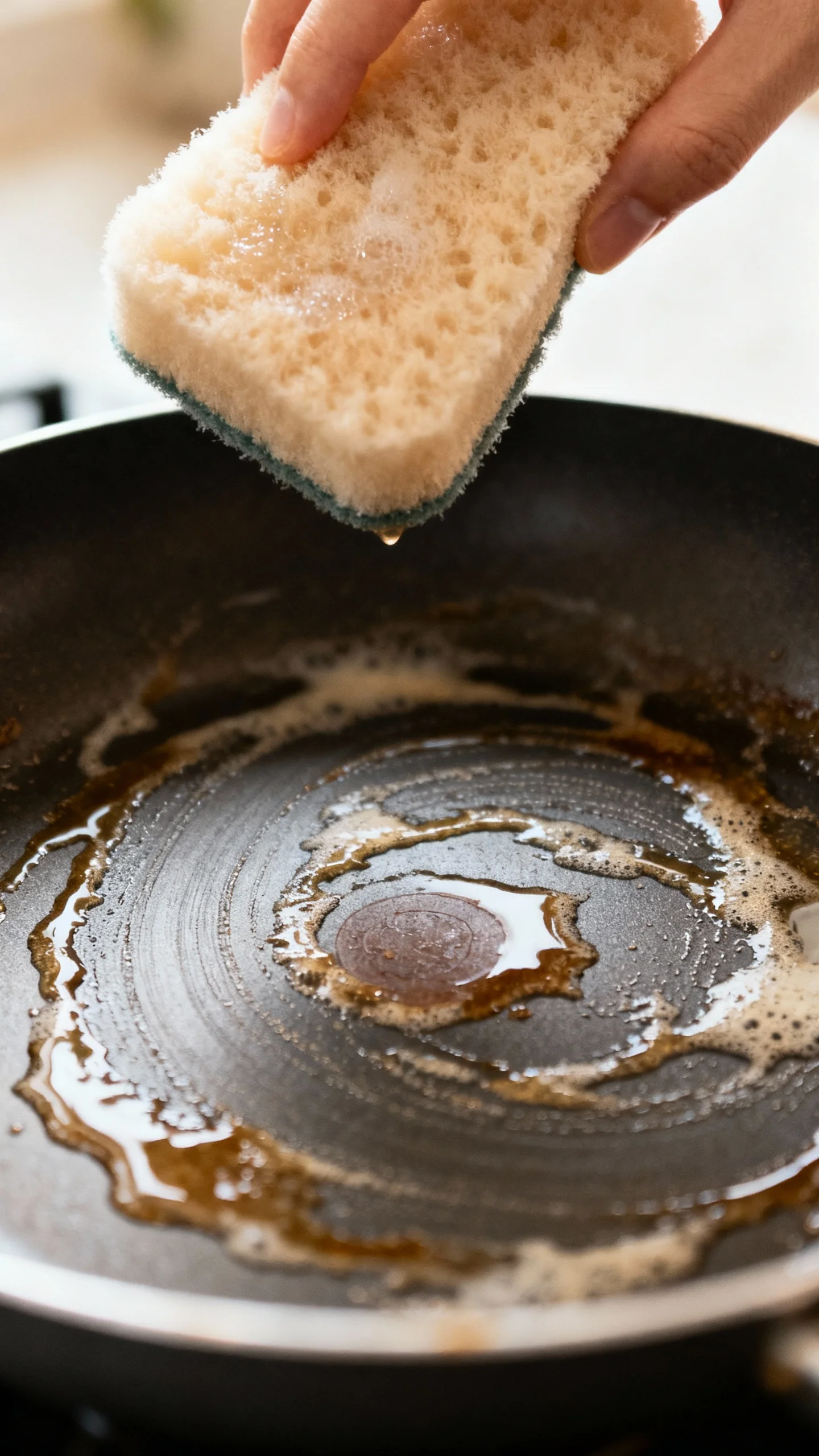 nonstick pan with sticky grease, soft sponge cleaning shot