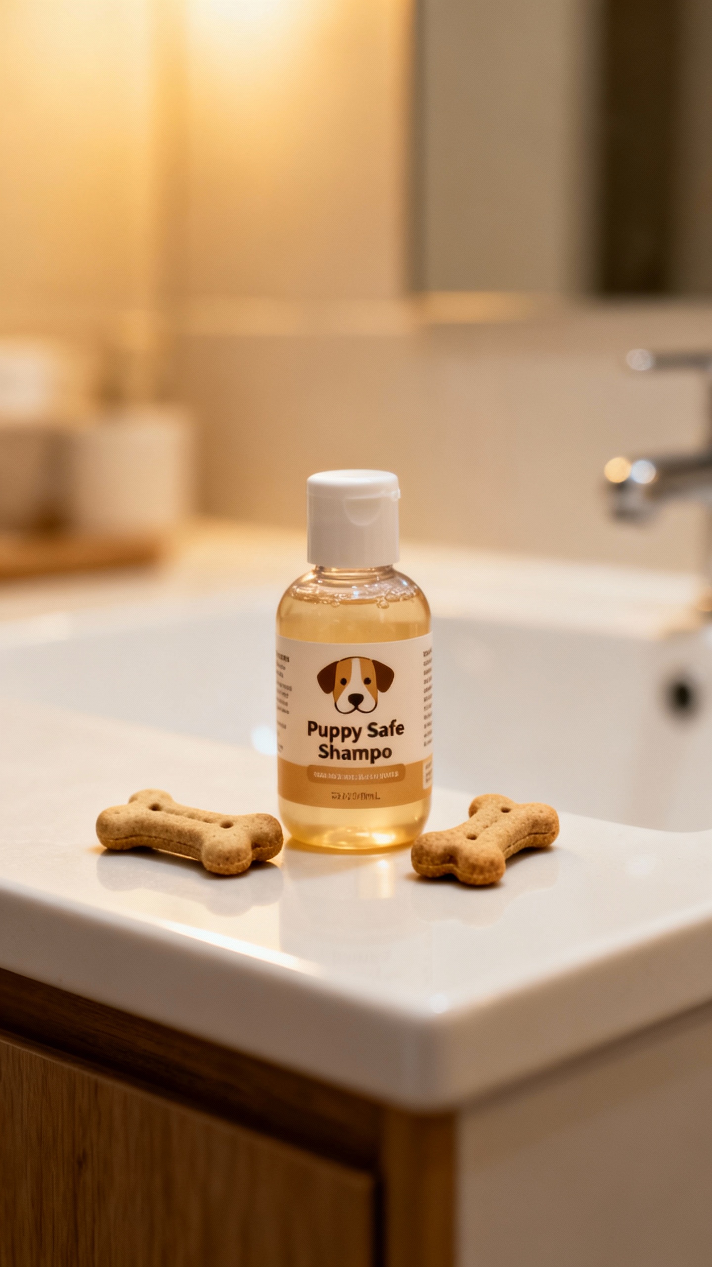 puppy-safe shampoo and treats on bathroom counter