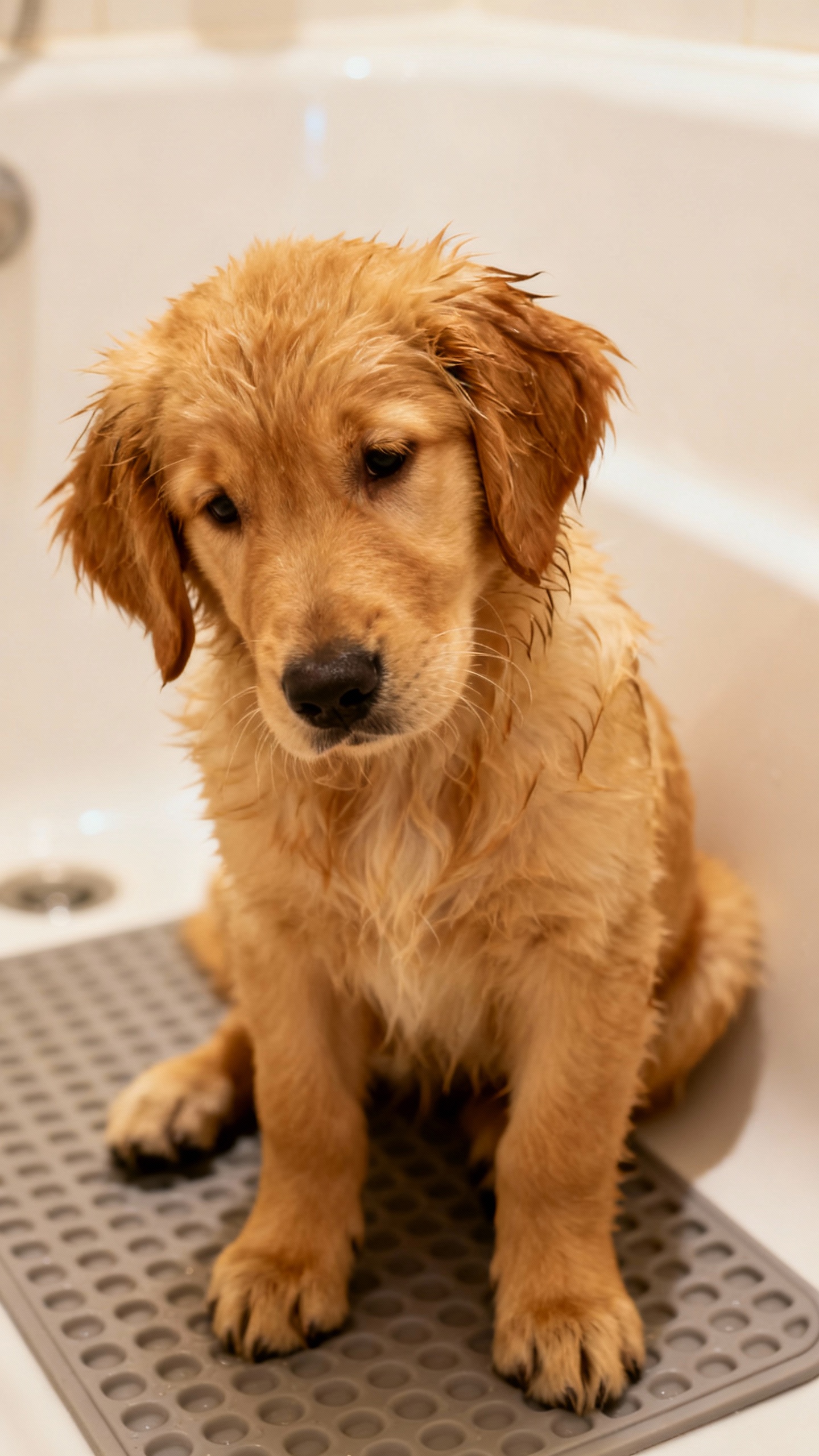golden retriever puppy on non-slip bath mat in tub