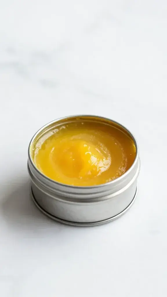 single stainless tin of turmeric dog salve on white marble