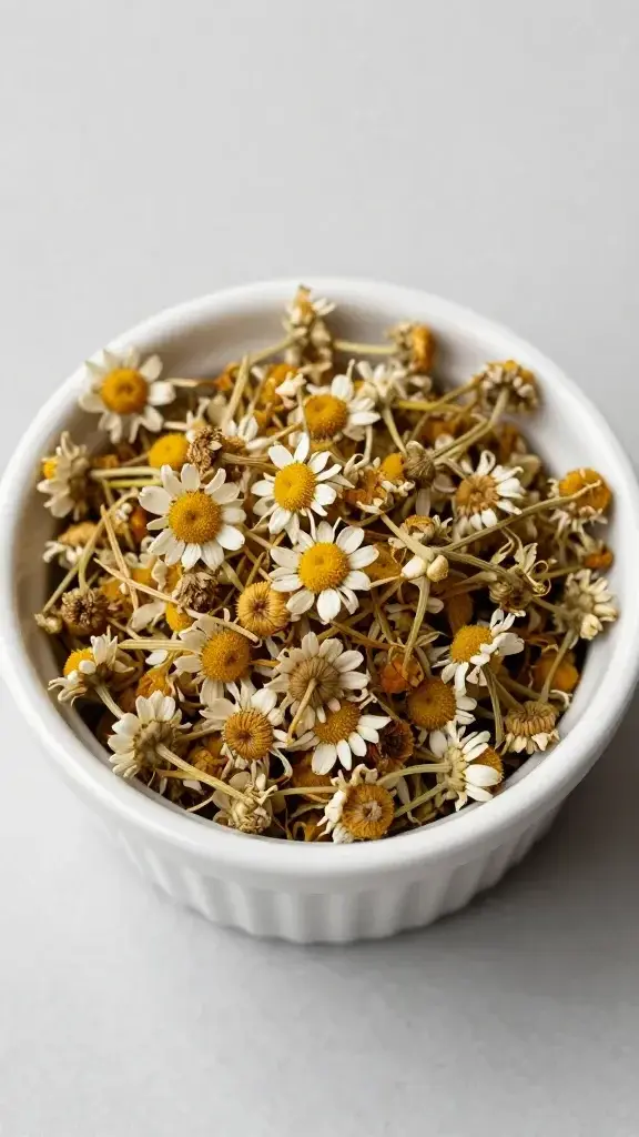 top view dried chamomile flowers in small white ramekin