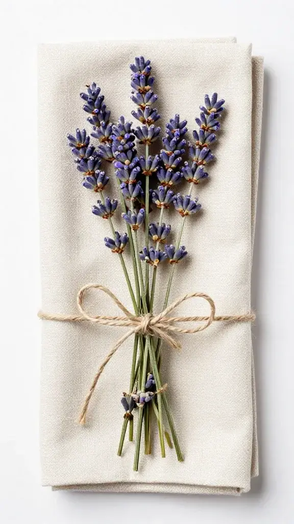 top view lavender sprigs tied with twine on linen napkin