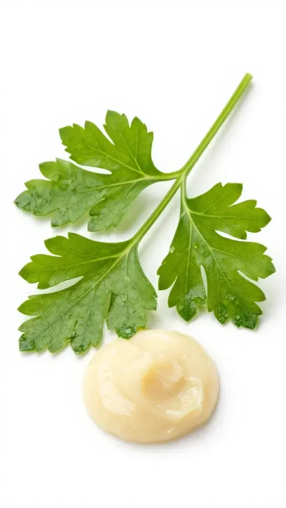 top view closeup of parsley sprig beside small paste dollop