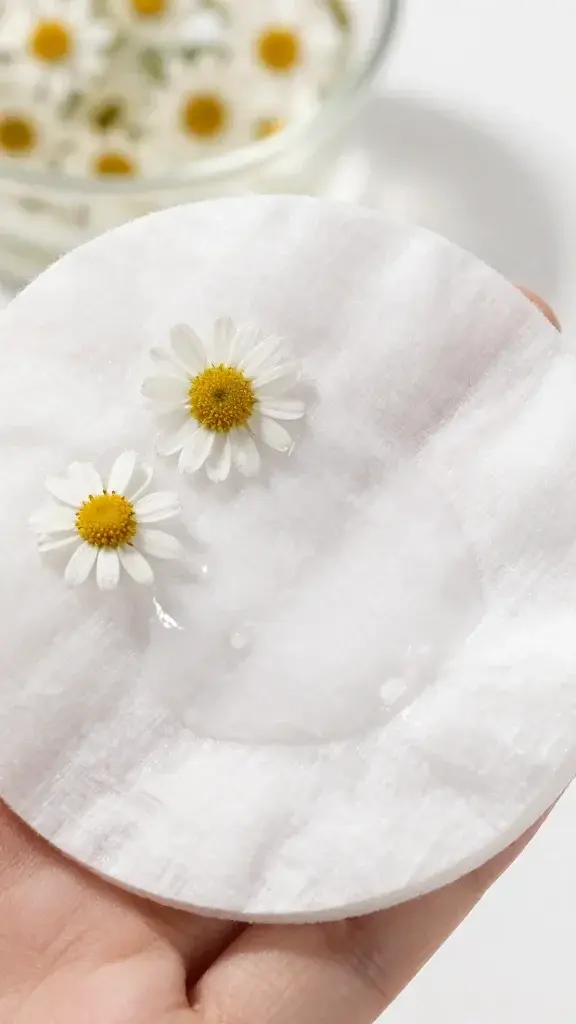 closeup cotton pad soaked with chamomile ear rinse