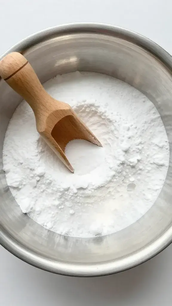 top view stainless bowl of baking soda with small wooden scoop