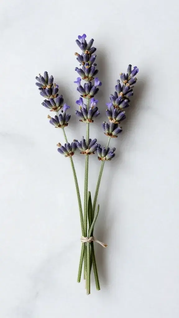 top view fresh lavender sprig on marble countertop