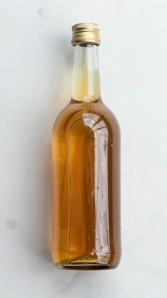 top view of amber apple cider vinegar bottle on marble