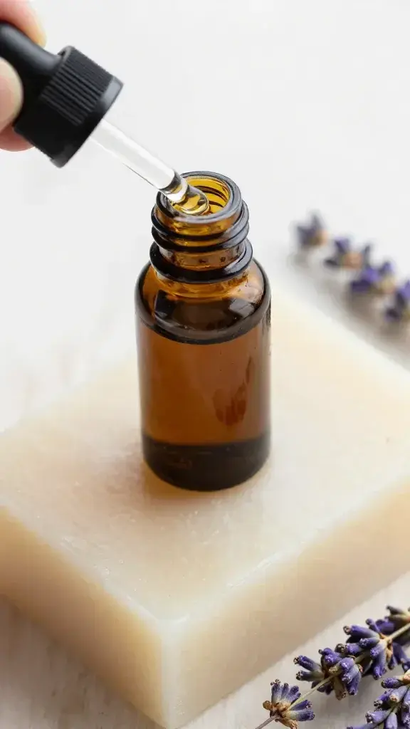 top view dropper of lavender essential oil over castile soap