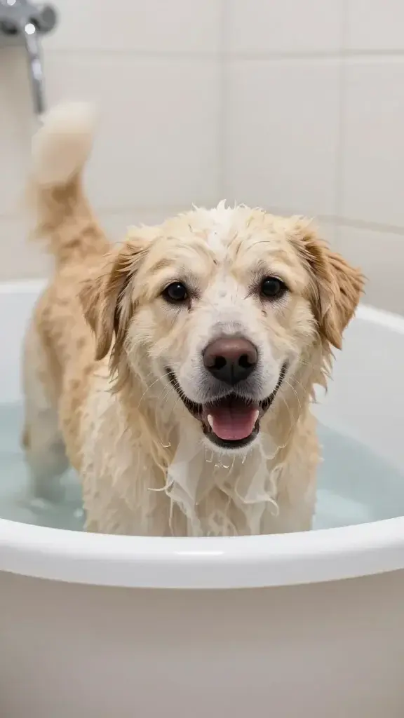 top view of amber pump bottle labeled oatmeal aloe dog shampoo