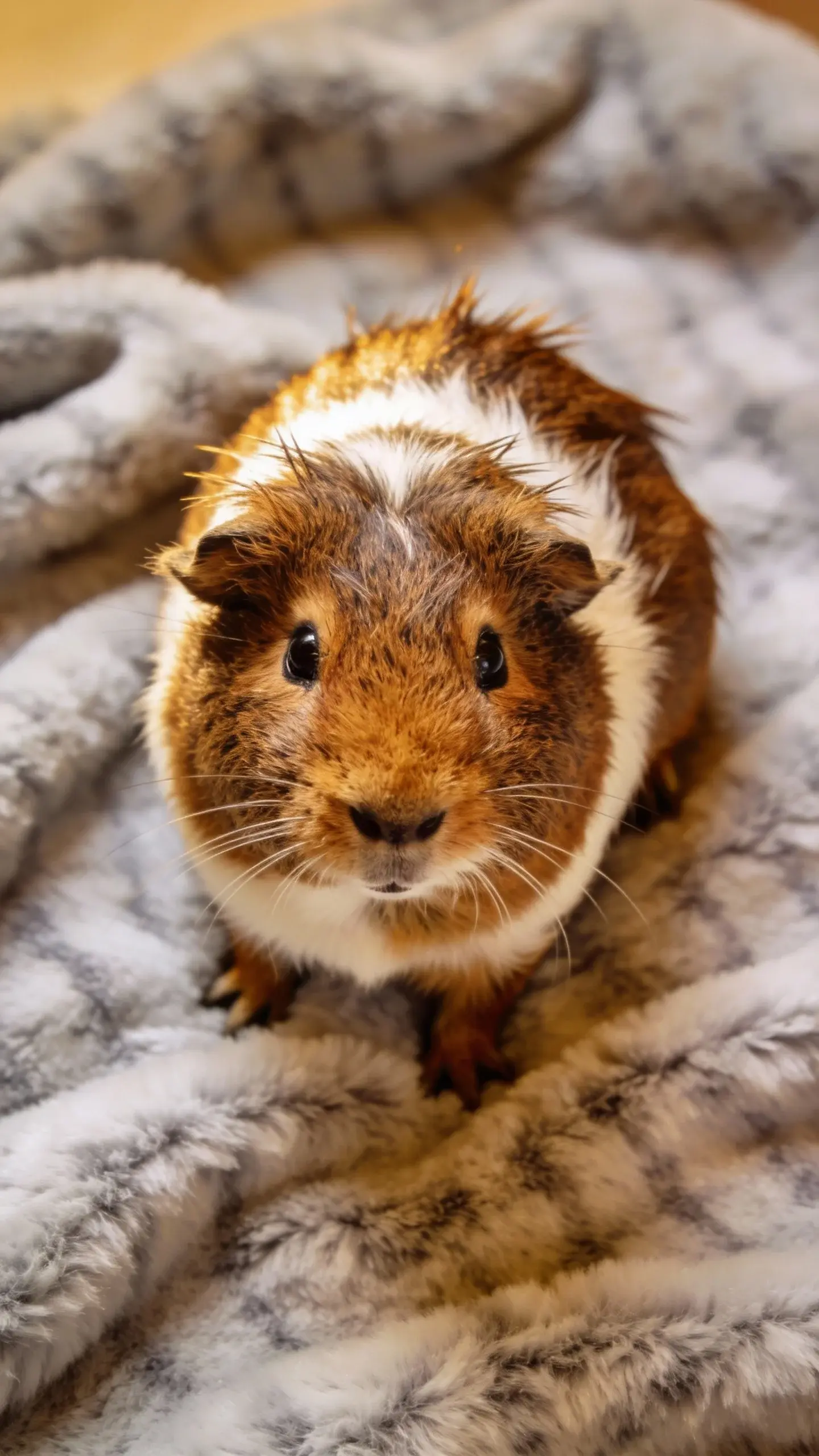 top view closeup of a single Abyssinian guinea pig on fleece