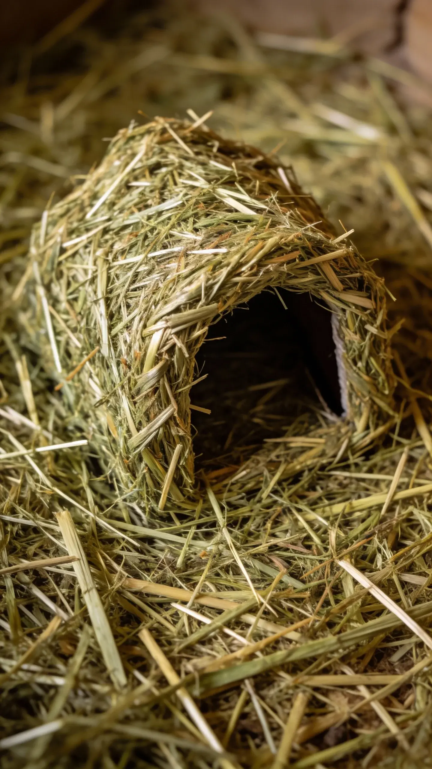 top view hay-filled guinea pig hideout with one entrance