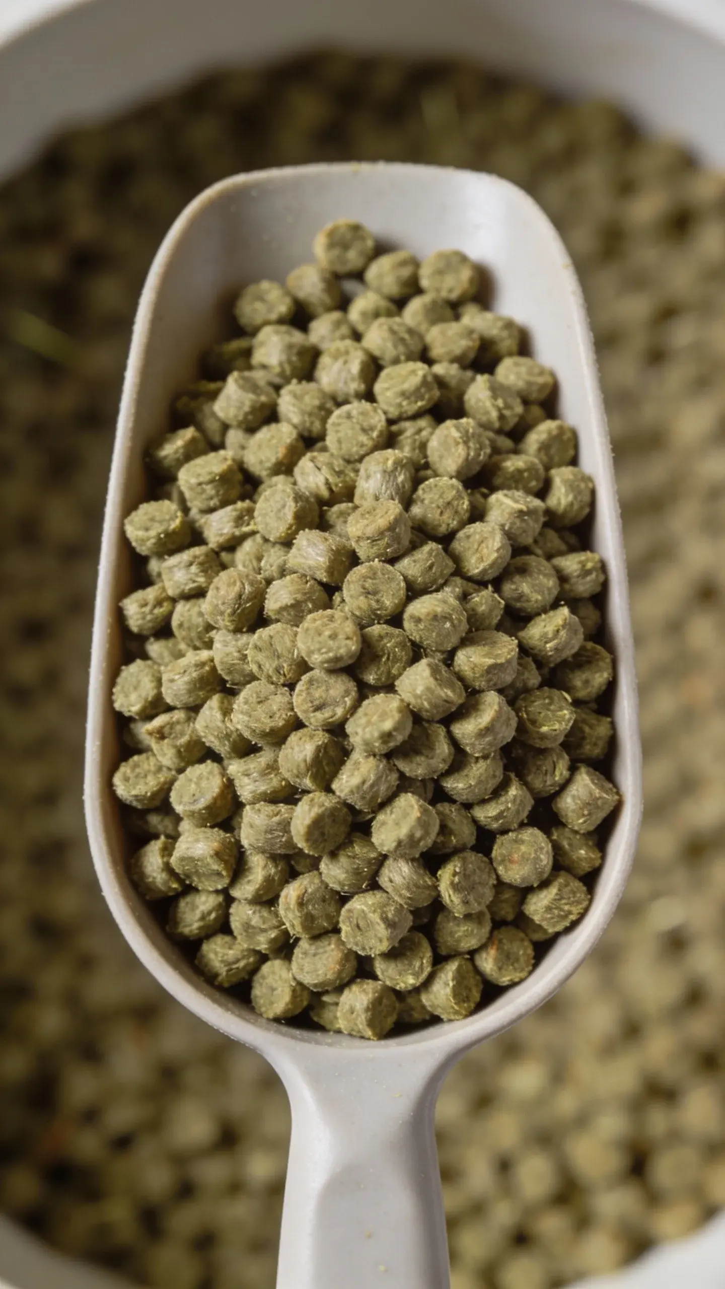 Top view of a small scoop of guinea pig pellets