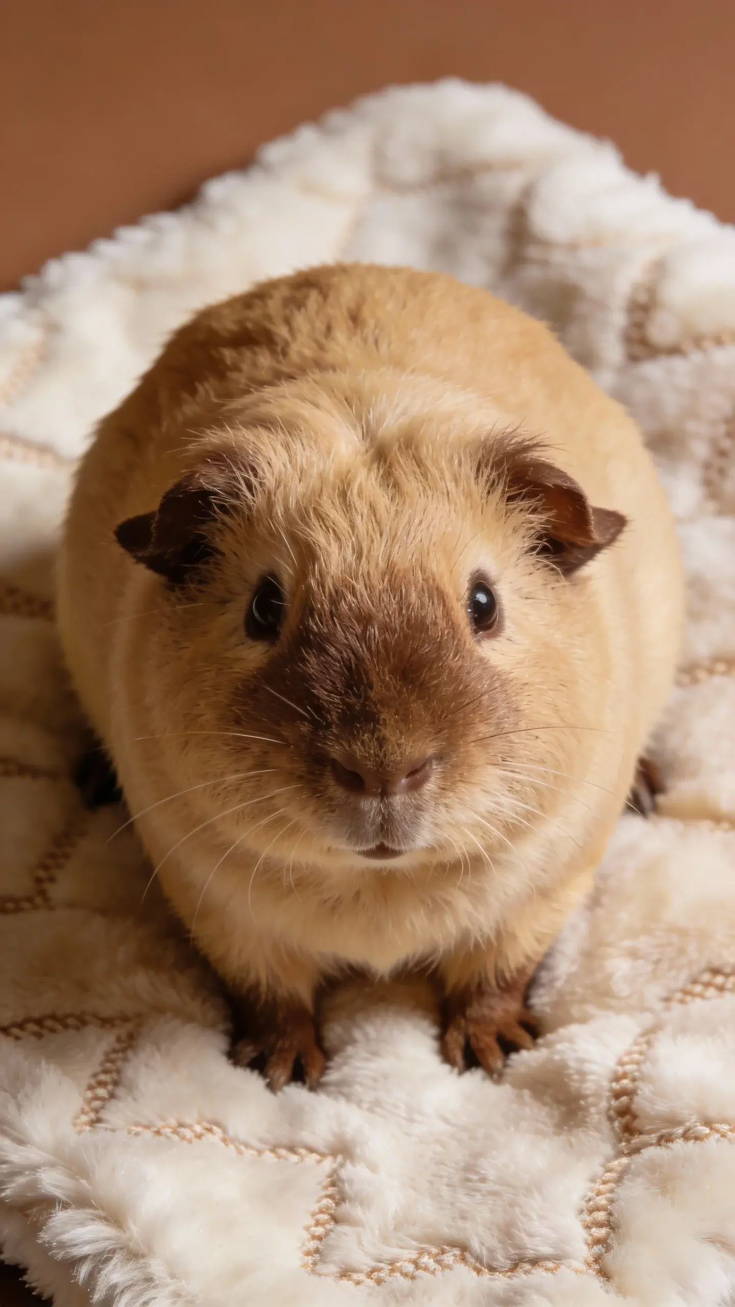 top view closeup of a single guinea pig on fleece bedding