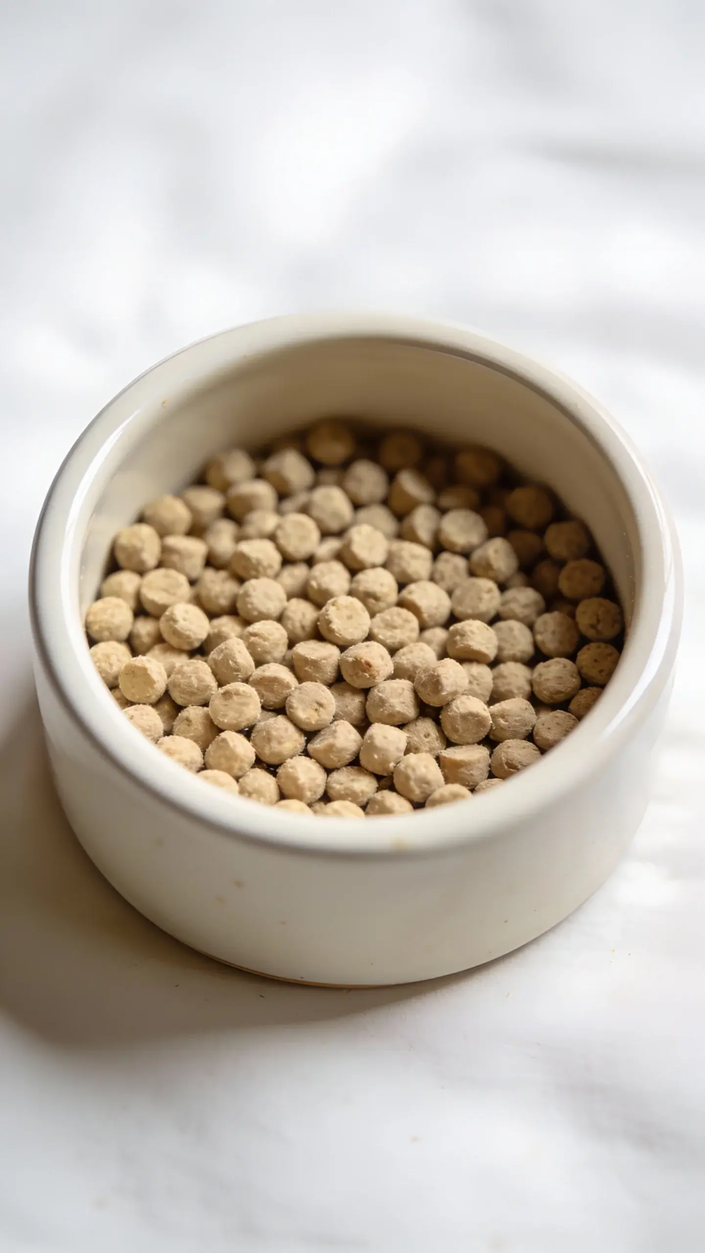 top view closeup of a guinea pig pellet bowl, filled to guideline