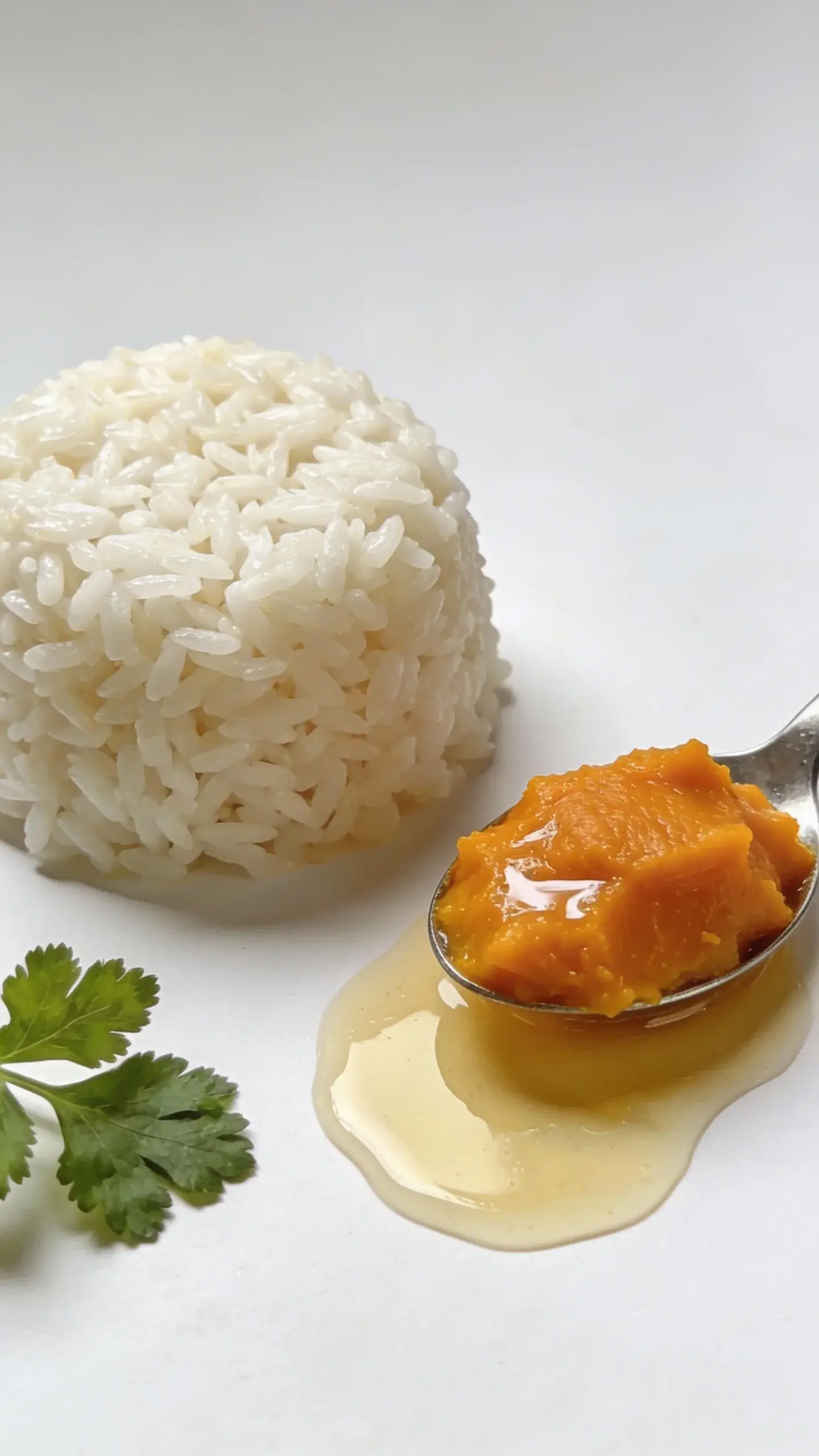 Macro close-up of ingredients laid out on a clean white surface: neat mound of steamed white rice, glossy spoonful of bright orange pumpkin puree, a small drizzle of clear chicken broth pooling nearby, and a sprig of flat-leaf parsley off to the side for color; soft diffused lighting, minimal styling, shallow depth of field emphasizing texture, no text, simple and clean.