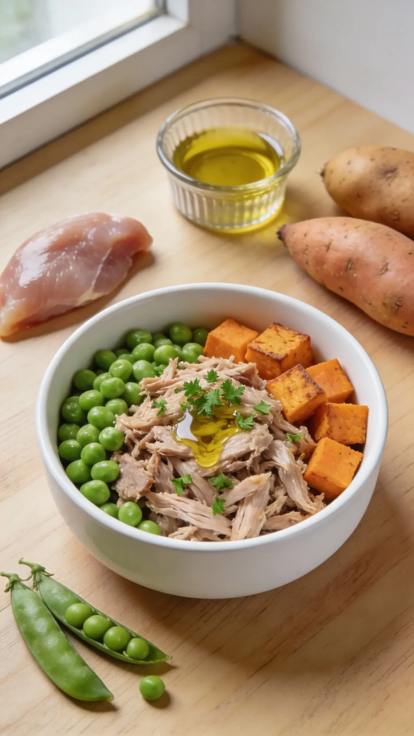 Overhead close-up of a clean white ceramic bowl filled with homemade allergy-friendly dog food: shredded cooked duck, cubed baked sweet potato, steamed green peas, and a drizzle of olive oil, with chopped parsley sprinkled lightly. Surrounding the bowl on a light wood surface are raw ingredients neatly arranged: a small duck breast, whole sweet potato, pea pods, and a glass ramekin of olive oil. Soft natural window light, shallow depth of field, no text, minimal, bright, appetizing.