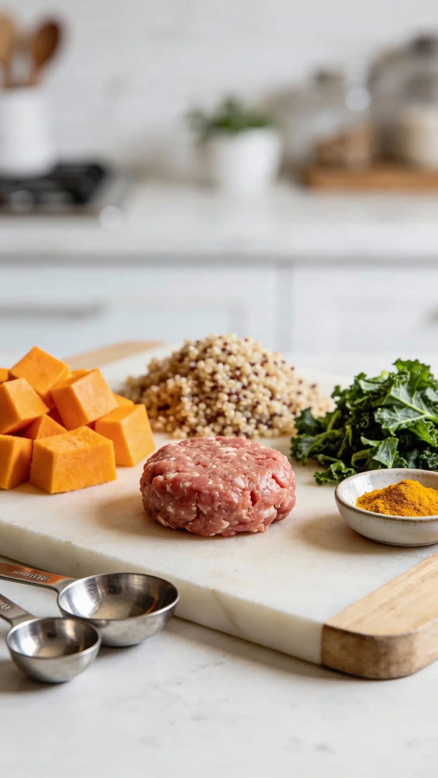 Macro close-up of prepped ingredients on a cutting board for hypoallergenic dog food: ground turkey formed into a small patty, diced pumpkin, quinoa cooked and fluffed, finely chopped kale, and a pinch of turmeric in a tiny dish. Neutral background kitchen scene blurred, stainless measuring spoons to the side, soft diffused daylight, clean and simple composition, no text, natural colors and textures emphasized.