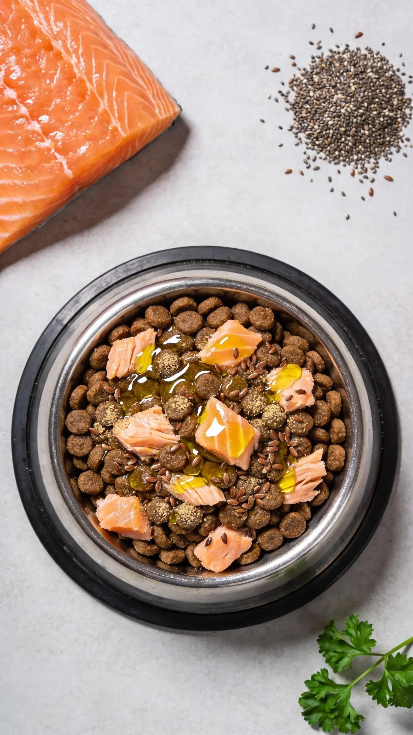 Close-up overhead shot of a stainless-steel dog bowl filled with glossy fish-based kibble mixed with visible chunks of flaky cooked salmon, sprinkled with ground flaxseed, and a drizzle-like sheen of fish oil; surrounding the bowl are simple, clean props: raw salmon fillet, small pile of chia seeds, and a sprig of parsley on a neutral light-gray background, soft natural light, minimal shadows, no text.
