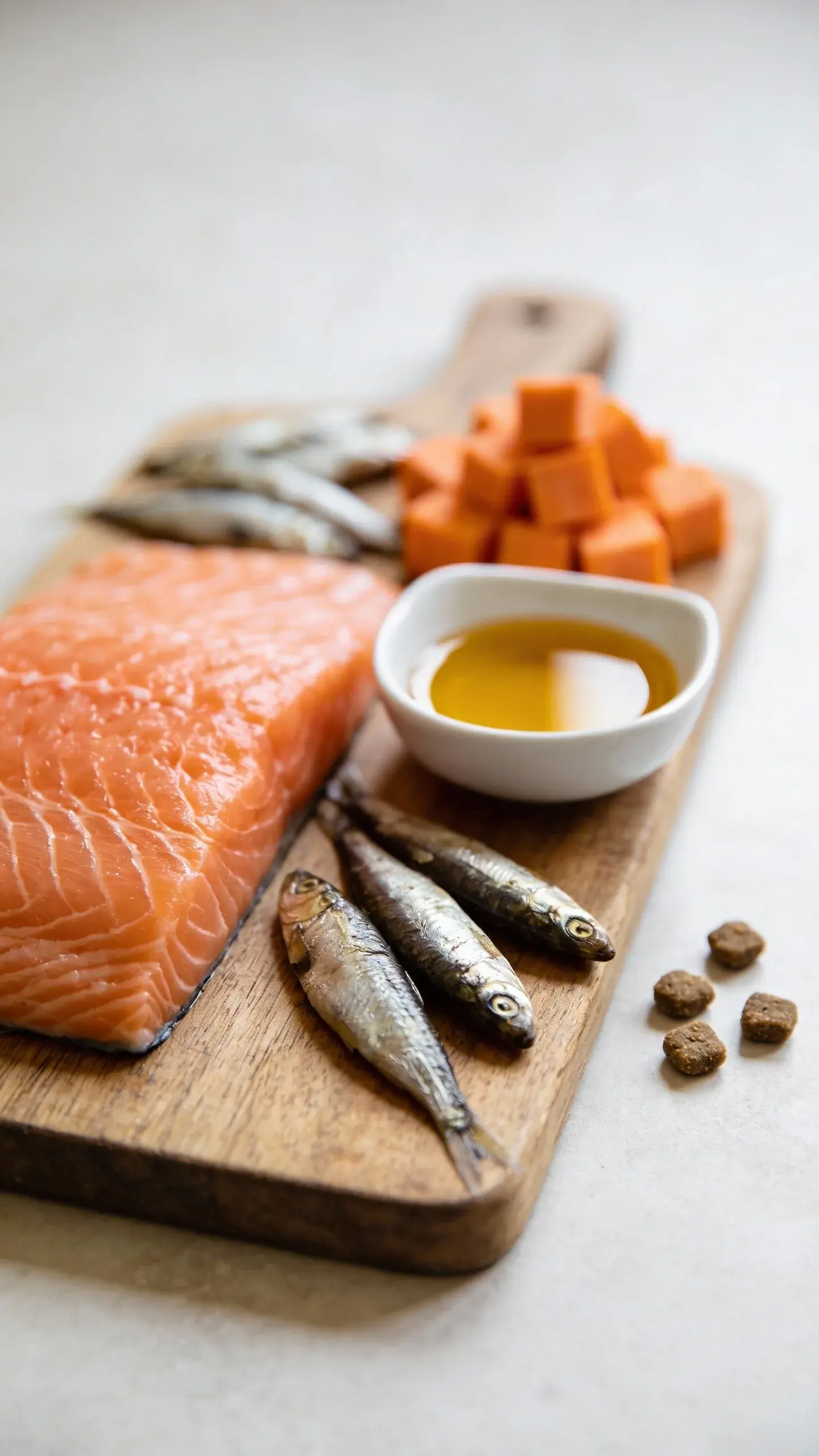 Macro close-up of fresh ingredients arranged neatly on a wooden board: raw salmon fillet, small white dish of golden fish oil, scattered sardines, and a small mound of sweet potato cubes; a few kibble pieces placed nearby to suggest allergy-friendly dog food; clean, bright daylight, shallow depth of field, neutral backdrop, no text.