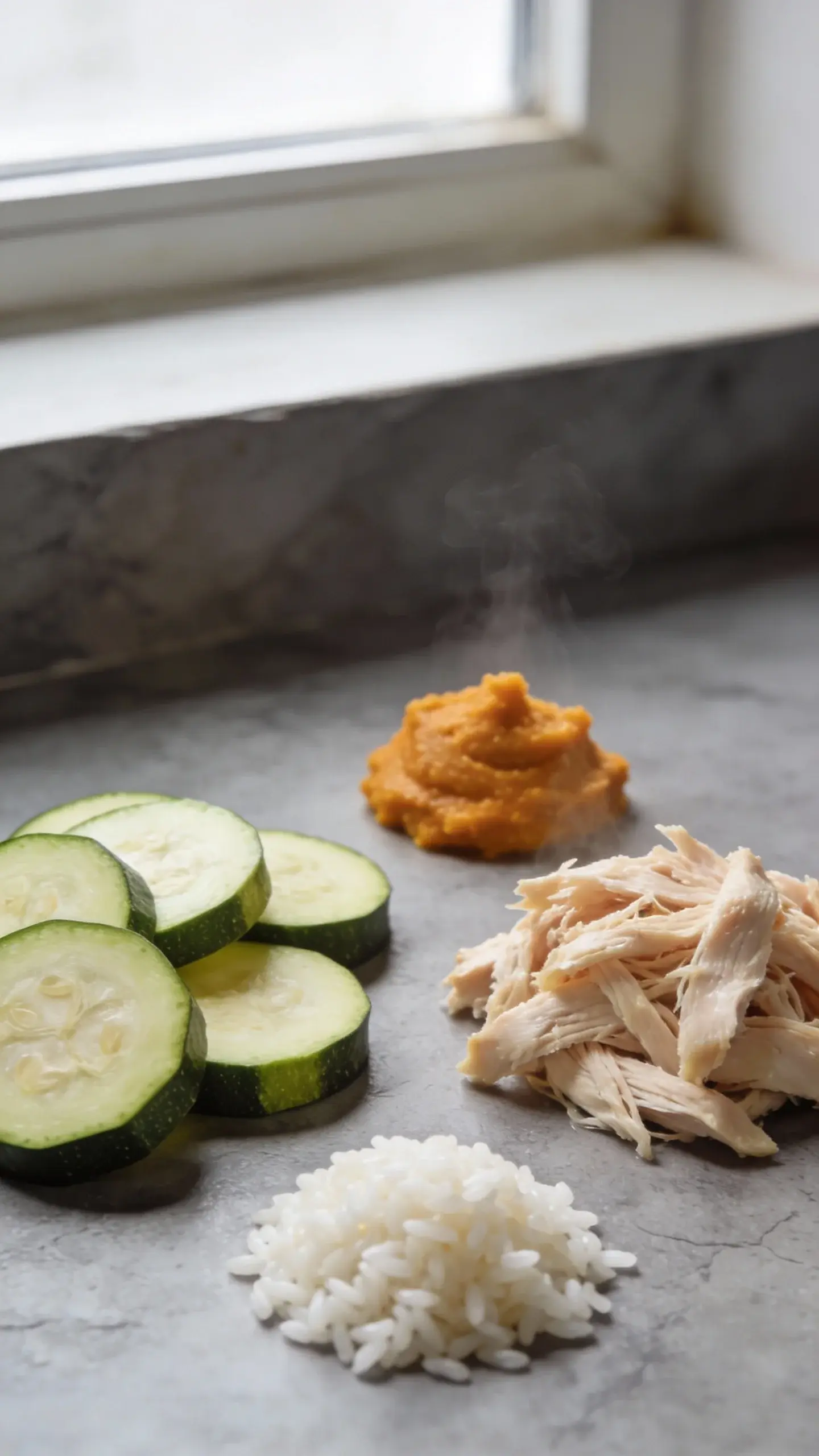 Macro close-up of fresh ingredients laid out before cooking for a sensitive-stomach dog meal: neatly sliced zucchini rounds, a small mound of plain cooked pumpkin puree, a portion of lean cooked chicken breast shredded, and a small pile of plain white rice; arranged on a cool gray stone countertop with soft window light, visible steam from the chicken hinting warmth, crisp textures, natural colors, ample negative space, no text.