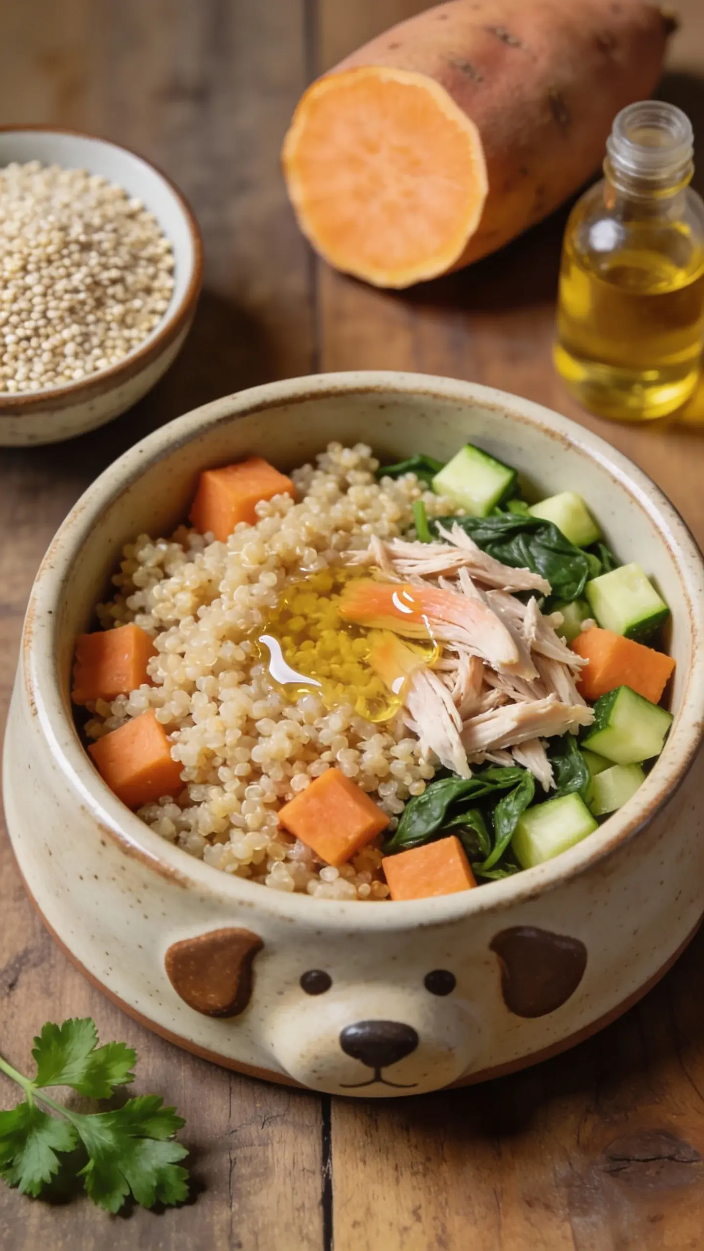 Overhead closeup of a rustic ceramic dog bowl filled with freshly cooked fluffy quinoa, shredded cooked turkey, steamed sweet potato cubes, finely chopped zucchini and spinach, and a drizzle of salmon oil glistening on top. Surround the bowl with simple ingredients on a wooden surface: raw quinoa in a small bowl, a halved sweet potato, a small bottle of fish oil, and a sprig of parsley. Natural soft daylight, shallow depth of field, no text.